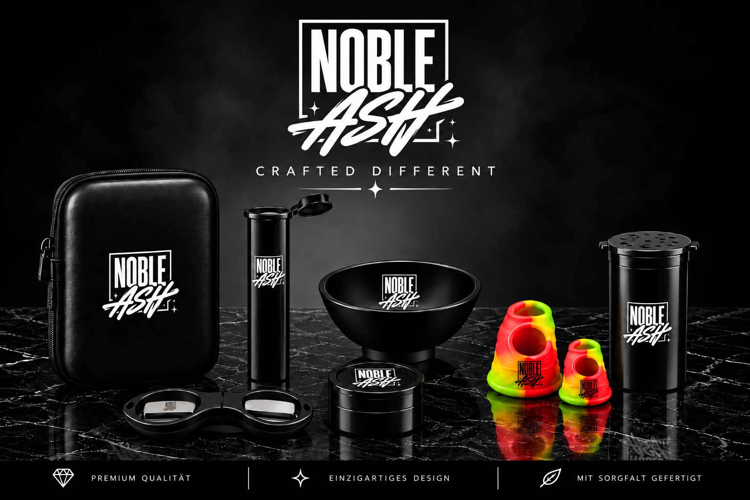 Noble Ash Produkt-Set mit Tasche, Transportröhre, Silikonschale, Fingerkappen, Schere und Aufbewahrungsdosen